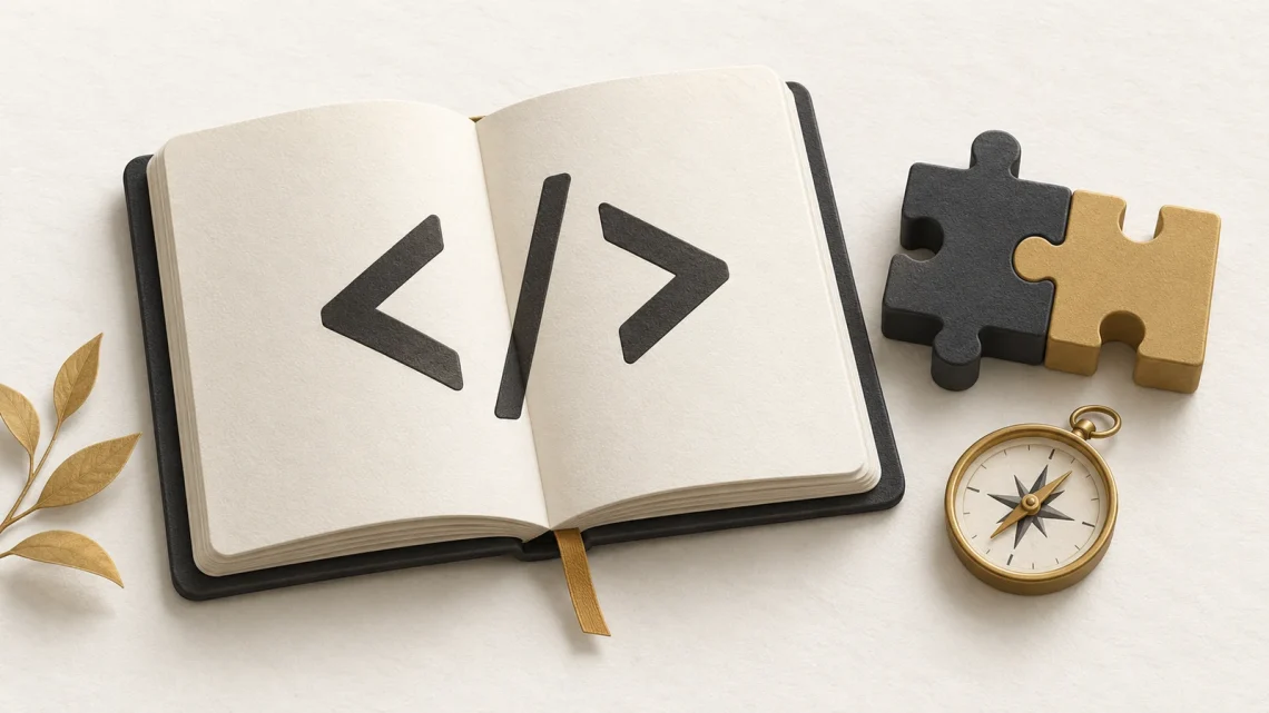 An open code notebook beside learning blocks and a gold compass.