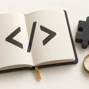 An open code notebook beside learning blocks and a gold compass.