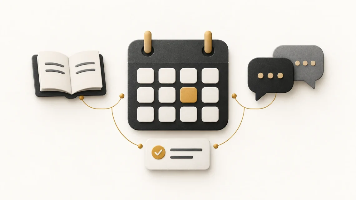 A calendar with one gold reserved slot, connected to an open book, a practice note and conversation bubbles.