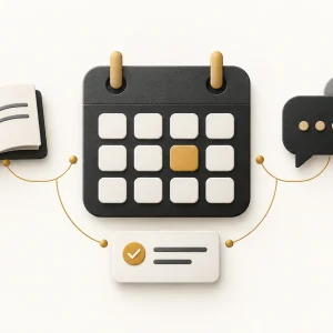 A calendar with one gold reserved slot, connected to an open book, a practice note and conversation bubbles.