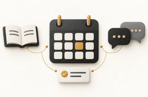 A calendar with one gold reserved slot, connected to an open book, a practice note and conversation bubbles.