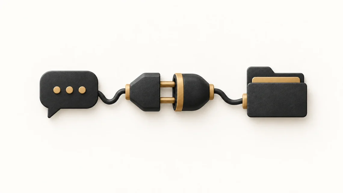 A joined charcoal plug and socket between a speech bubble and a document folder.
