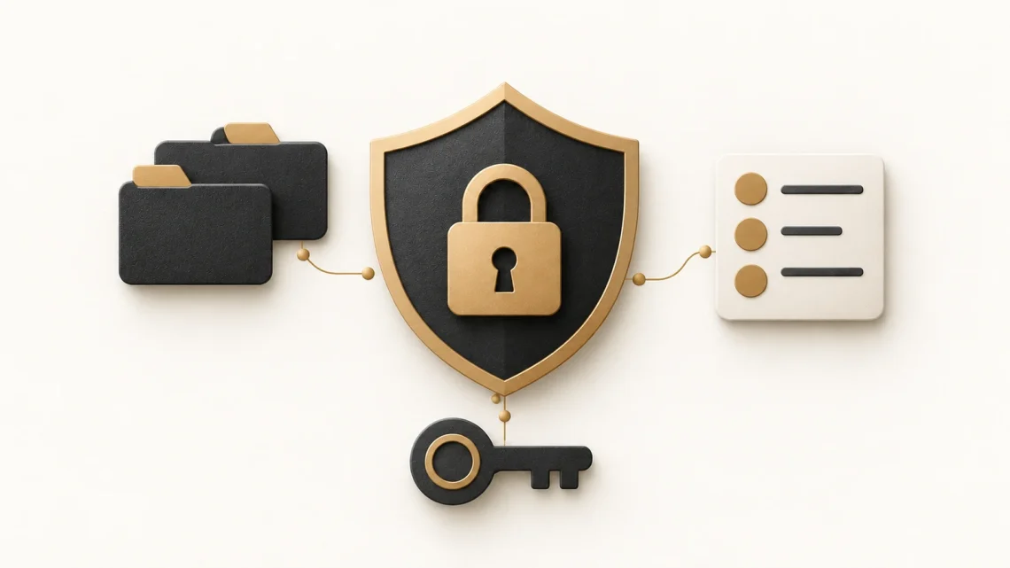 A charcoal shield and closed padlock linked to project folders, a permission note and a key.