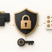 A charcoal shield and closed padlock linked to project folders, a permission note and a key.