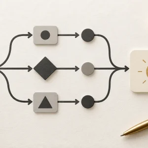 A branching decision diagram leading to a decision card beside a clock and pen.