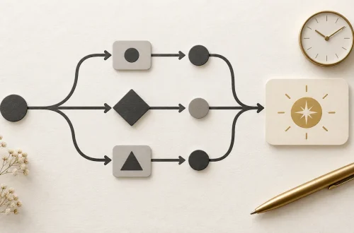 A branching decision diagram leading to a decision card beside a clock and pen.