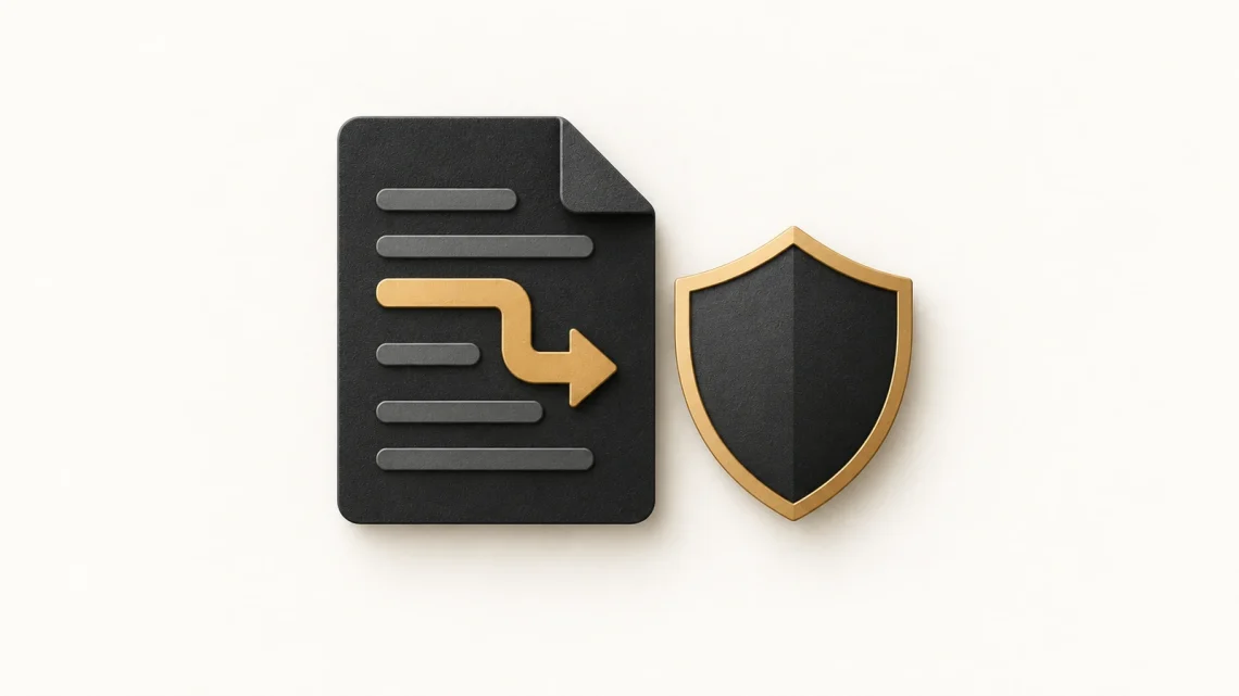 A charcoal document with a bent gold arrow beside a gold-rimmed shield.