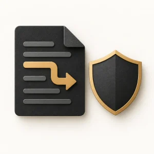 A charcoal document with a bent gold arrow beside a gold-rimmed shield.