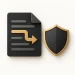 A charcoal document with a bent gold arrow beside a gold-rimmed shield.