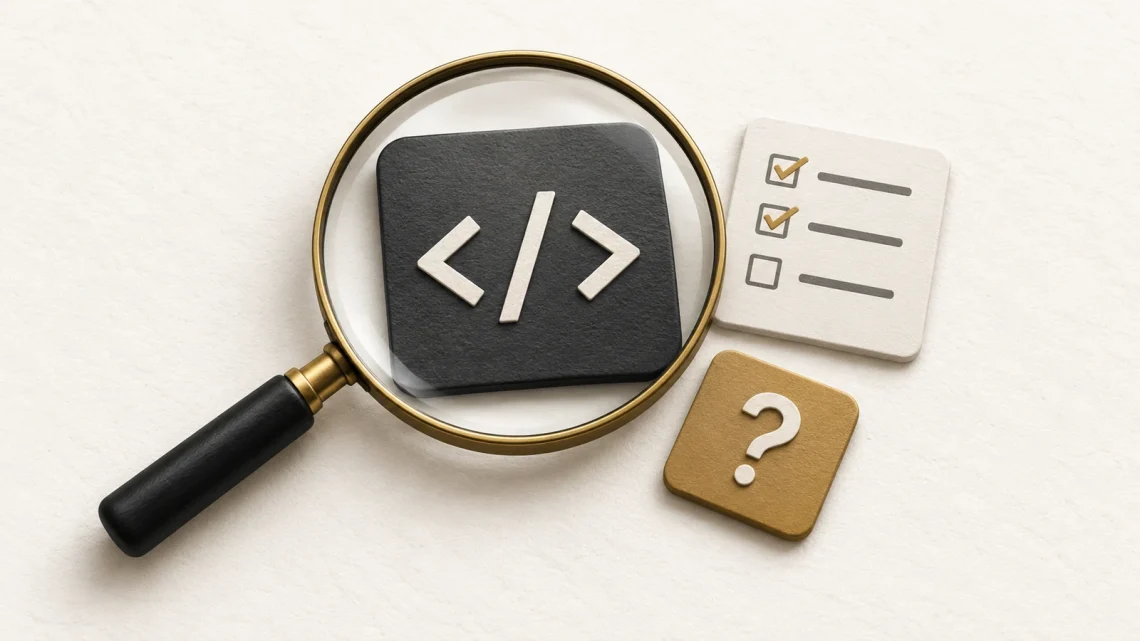 Code brackets under a magnifying glass beside a test checklist.