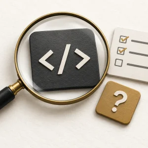 Code brackets under a magnifying glass beside a test checklist.