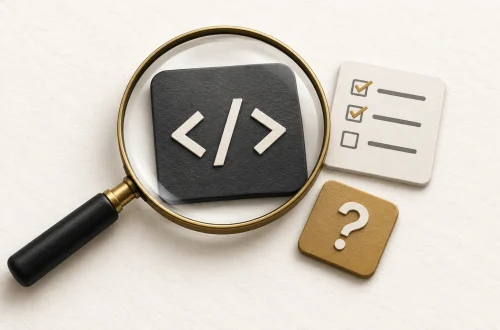 Code brackets under a magnifying glass beside a test checklist.
