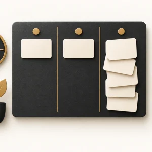 A task board with cards gathered in one column beside a clock and a gold flow arrow.