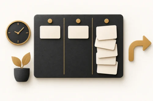A task board with cards gathered in one column beside a clock and a gold flow arrow.