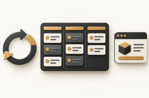 A charcoal task board beside a circular arrow and a product window.