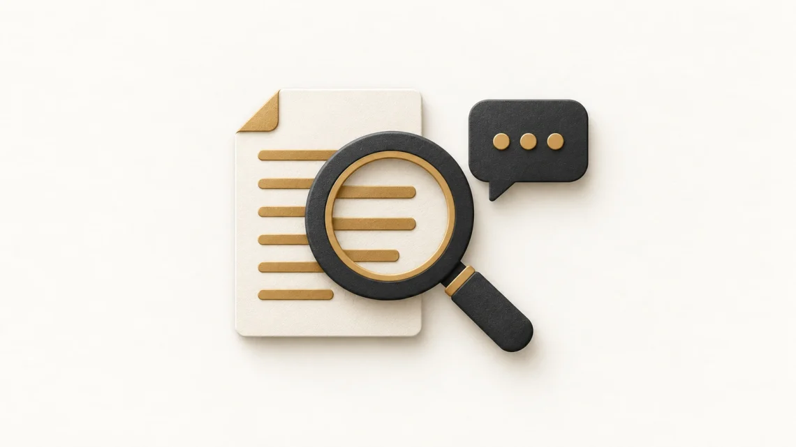 A charcoal magnifying glass over a source document beside a speech bubble.