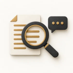 A charcoal magnifying glass over a source document beside a speech bubble.