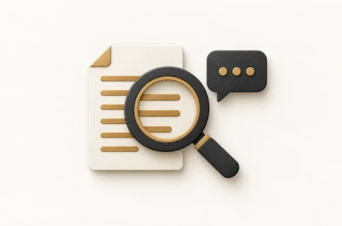 A charcoal magnifying glass over a source document beside a speech bubble.