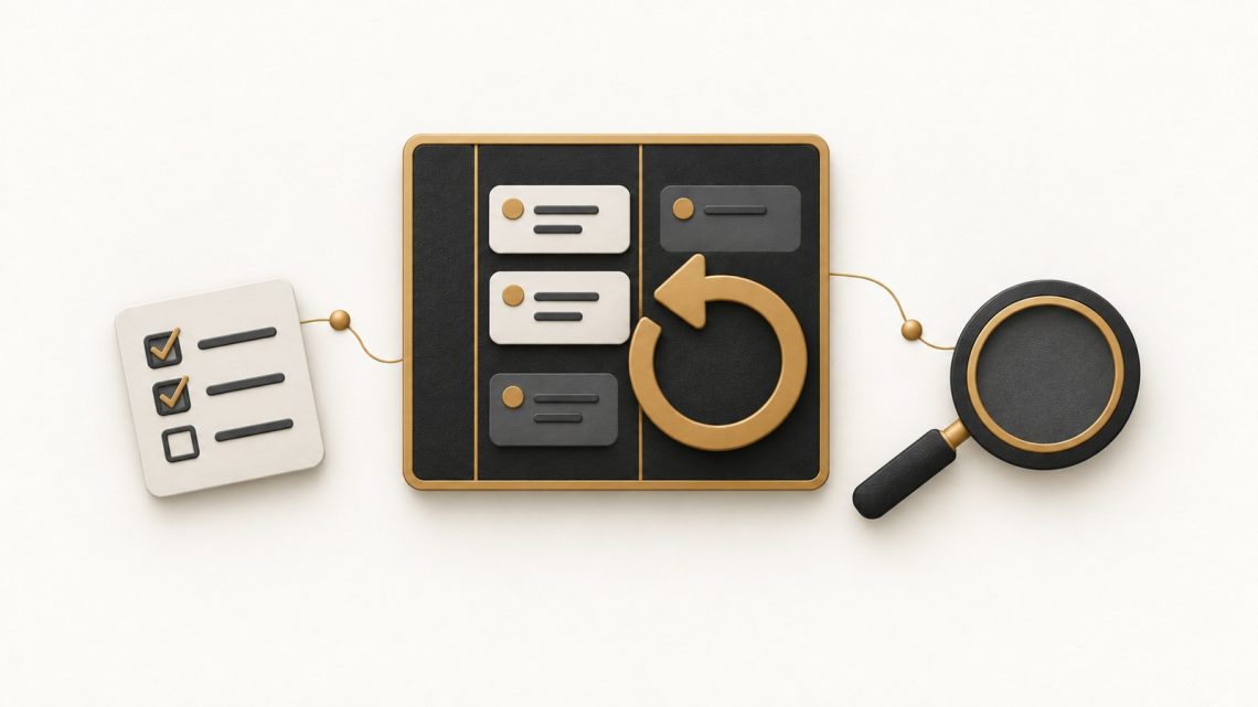 A task board beside a circular arrow, a magnifying glass and a small experiment card.