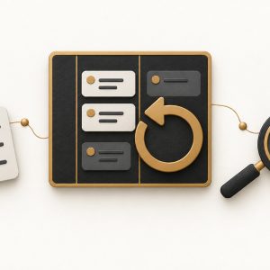 A task board beside a circular arrow, a magnifying glass and a small experiment card.