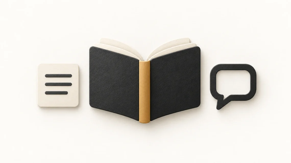 An open charcoal book beside a cream note sheet and a single speech bubble.