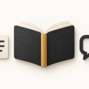 An open charcoal book beside a cream note sheet and a single speech bubble.