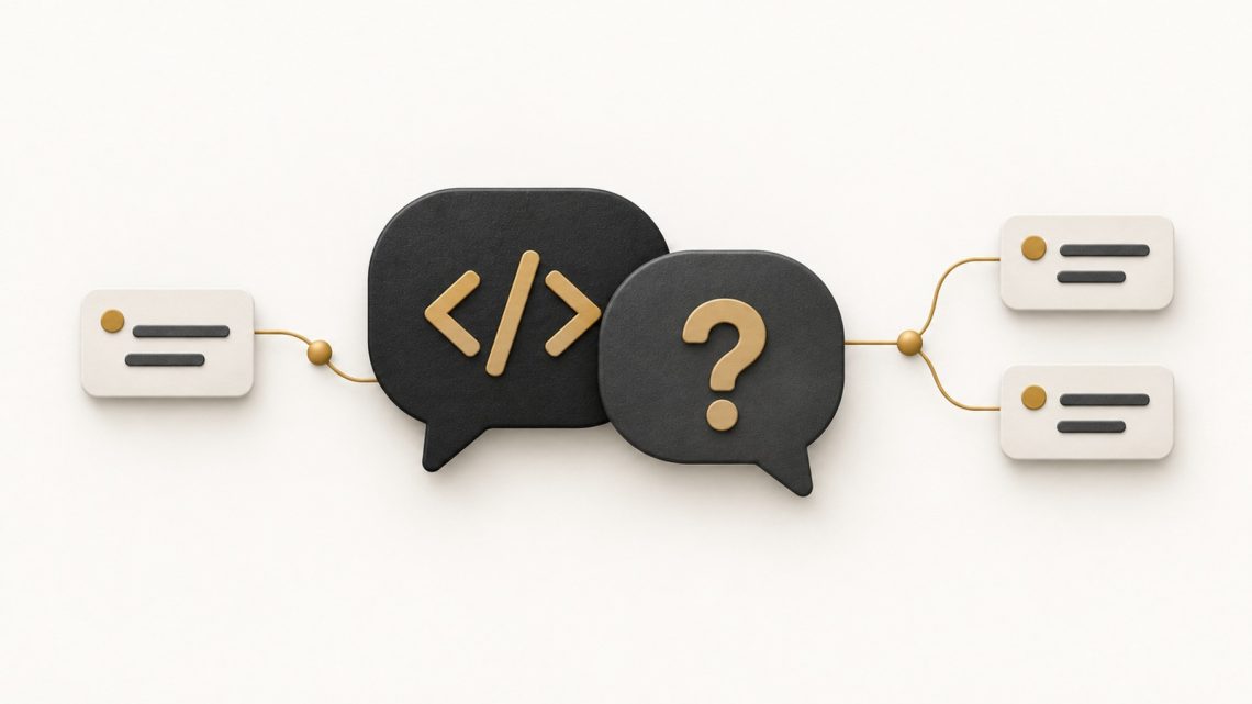 Two large speech bubbles containing simple code brackets beside a question card and branching route.