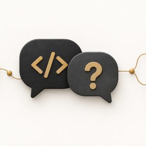 Two large speech bubbles containing simple code brackets beside a question card and branching route.