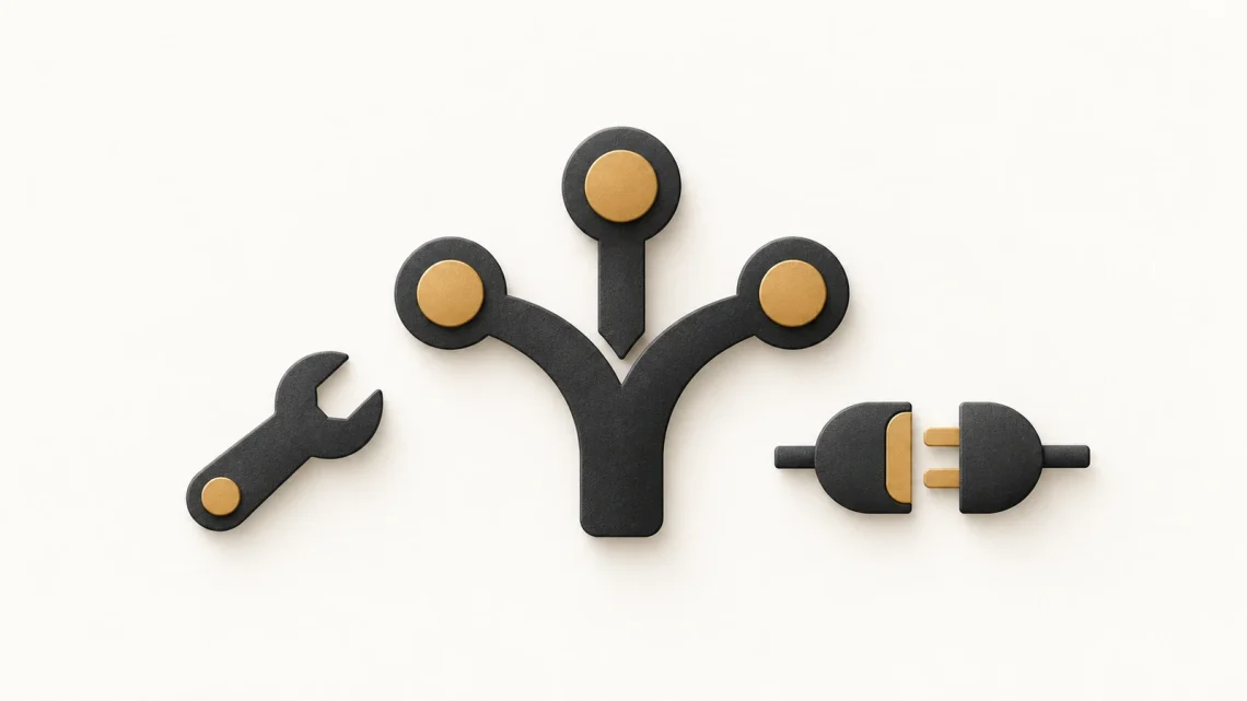 A charcoal branching route beside a spanner and a joined plug and socket.