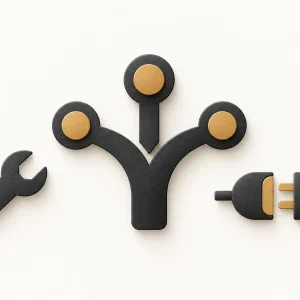 A charcoal branching route beside a spanner and a joined plug and socket.