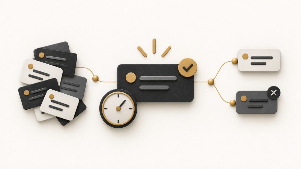 A priority card beside a clock, a branching decision symbol and two speech bubbles.