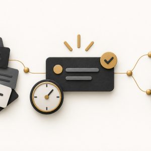 A priority card beside a clock, a branching decision symbol and two speech bubbles.