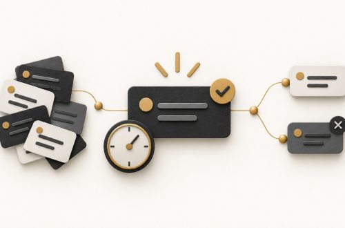 A priority card beside a clock, a branching decision symbol and two speech bubbles.