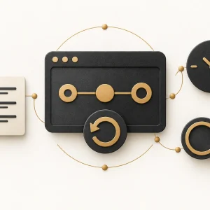 A charcoal browser window with a connected path and repeat arrow, beside a record sheet, clock and magnifying glass.