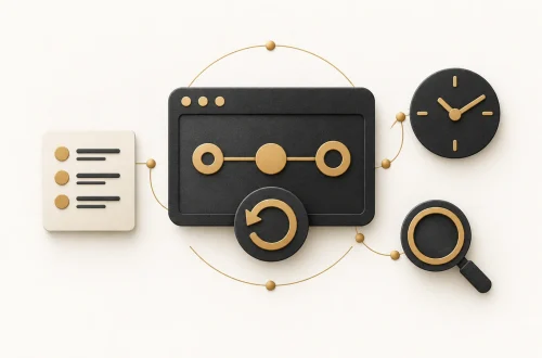 A charcoal browser window with a connected path and repeat arrow, beside a record sheet, clock and magnifying glass.